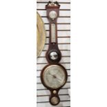 Late 19th century banjo barometer in mahogany case with hygrometer and bubble level, the dial