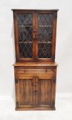 20th century oak glazed kitchen cabinet with leaded glazed double doors enclosing two shelves, above
