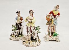 Three German porcelain Meissen-style figures, late 19th century, spurious blue cross swords marks,