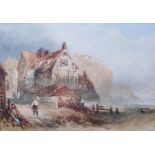 19th century school Watercolour  Coastal scene with dwellings and figures, unsigned, 11.5cm x 16.5cm