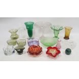 Collection of coloured glassware, including a Mdina dump-shaped paperweight, two Venetian mid-