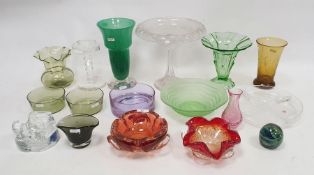 Collection of coloured glassware, including a Mdina dump-shaped paperweight, two Venetian mid-
