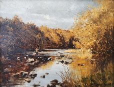 W R Jennings (1927-2005) Oil on panel "The Angler's River" Autumnal river landscape with
