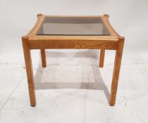 Ercol glass-topped square occasional table on straight supports, 59cm