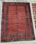 North West Persian Senneh red ground rug with geometric pattern to multiple geometric borders, 163cm