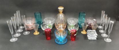 Group of eight coloured glass pedestal bowls in green, blue, amethyst, black, orange and blue