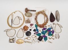 Gold-coloured chain, costume jewellery, a needle tin, etc (2 boxes and 1 bag)