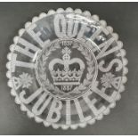 The Queen's Jubilee glass souvenir plate 1837-1887, 25.5cm diameter