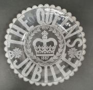 The Queen's Jubilee glass souvenir plate 1837-1887, 25.5cm diameter