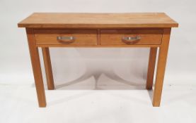 Modern oak hall table, two drawers on square legs, H. 80cm x W. 120cm x D. 40cm