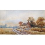 E Murray (late 19th/early 20th century) Watercolour Country scene with thatched cottage and two