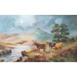 H J (20th century school)  Pastel Highland scene with cattle beside a river, initialled lower right,