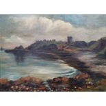 I H Murray Oil on canvas  Coastal scene with church and dwellings on a cliff in the distance, signed