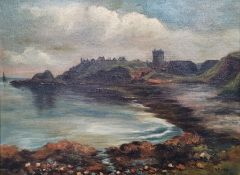 I H Murray Oil on canvas  Coastal scene with church and dwellings on a cliff in the distance, signed