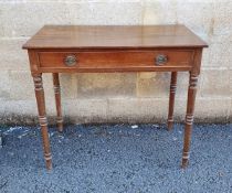 19th century mahogany side table with frieze drawer, on turned tapering circular legs, 77cm high x
