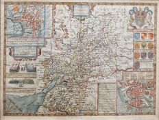 After John Speed (1552-1629) Hand coloured and engraved map of Gloucestershire, with inset maps