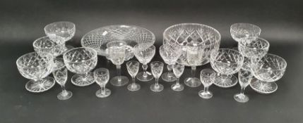 Collection of cut and engraved table glass including a large bowl, another flared form, six shaped