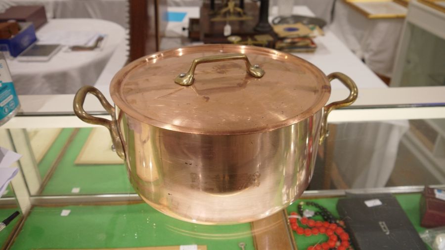 Large French copper fish kettle with brass handles and fittings, two-handled French copper pan, - Image 10 of 15