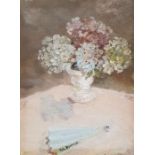 20th century Continental School Oil on board Still life with flowers in a vase and fan in