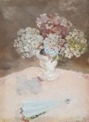 20th century Continental School Oil on board Still life with flowers in a vase and fan in