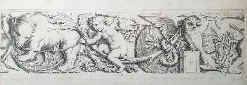 Hubert Quellinus (Flemish, 1619-1687)  Etching  Classical frieze with cherub flanked by bear and
