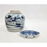 Chinese 19th century blue and white ginger jar, painted with huts on islands and figure fishing,