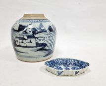 Chinese 19th century blue and white ginger jar, painted with huts on islands and figure fishing,