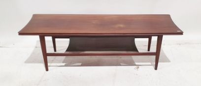 Mid Century teak coffee table, the rectangular top with concaved ends and under tier