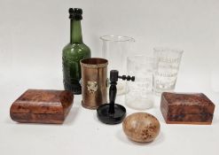 Three vintage glass household measures named for Day, Son & Hewitt, the Household Measure and Egg