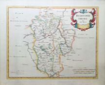 Robert Morden (1650-1703)  Handcoloured map of Bedfordshire, framed and glazed, 37cm x 46cm