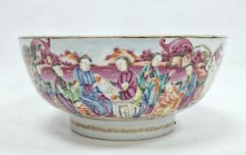Cantonese export famille rose porcelain punch bowl, Qianlong, painted with figures at various