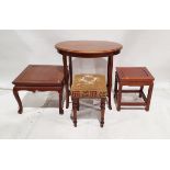 Modern Eastern hardwood square occasional table together with a upholstered stool and a oval tow-