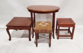 Modern Eastern hardwood square occasional table together with a upholstered stool and a oval tow-