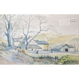 B Owland Watercolours  Rustic village scene with bridge over stream  Rustic scene with farmhouse and