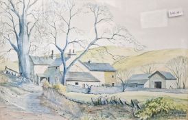 B Owland Watercolours  Rustic village scene with bridge over stream  Rustic scene with farmhouse and