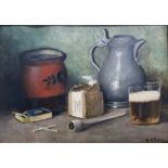 A Robert (20th century) Oil on canvas Still life with pewter tankard, clay pipe, tobacco and glass