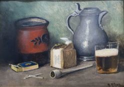 A Robert (20th century) Oil on canvas Still life with pewter tankard, clay pipe, tobacco and glass