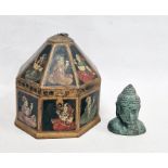 Octagonal Eastern decorated box with seated figures on black background and octagonal pyramidal