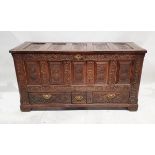 Antique oak dower chest with fielded panels and later carving, later dated "1681" three short