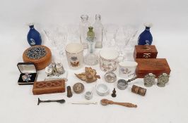 Set of six Stuart cut sherry glasses, a pair of Wedgwood Jasperware vases, various small wooden