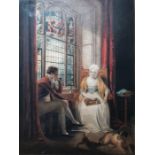 19th century English School Watercolour Elderly lady and young gentleman seated in an interior, dogs