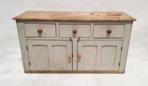 Painted pine kitchen sideboard, the stripped plank top above three drawers and two panelled cupboard