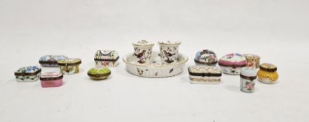 Group of Limoges porcelain gilt metal mounted pill boxes, variously printed and painted with flowers