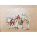 19th century school Watercolour Country scene with coach driver and horses with three figures,