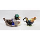 Portuguese pottery duck tureen and cover, naturalistically modelled with coloured feathers,