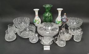 Various items of cut table glass, two opaque glass vases painted with flowers and other items