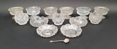 Cut glass tableware including three globular hobnail and fan cut salts, six 19th century cut glass