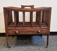 19th century mahogany four-division canterbury with integral handle and single drawer, on turned