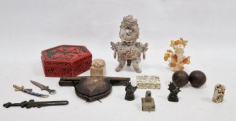 Chinese cinnabar lacquer hexagonal box and cover, a carved agate vase and cover, a dog of Fo