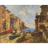 Gino Tommasi(?) Oil on board Italian village scene overlooking a small dock with sea in